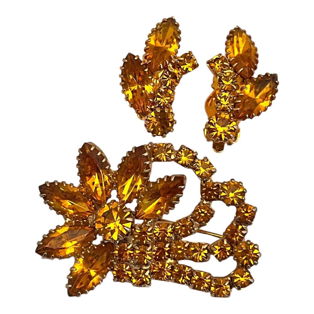 Vintage 1960s Orange Rhinestone Brooch Earring Set Navette Crystals MCM - 5Q